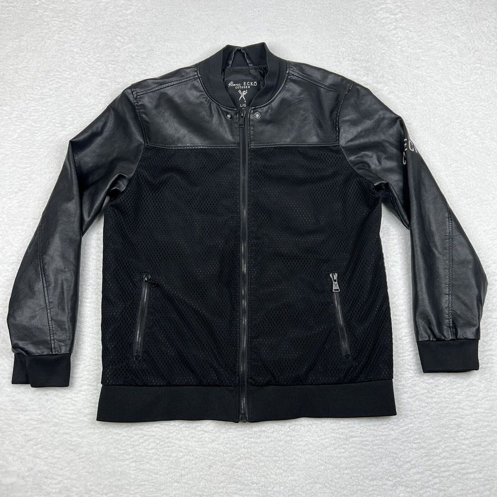 Marc Ecko Jacket Mens Large Black‎ Faux Leather Mesh Full Zip Pockets Lined